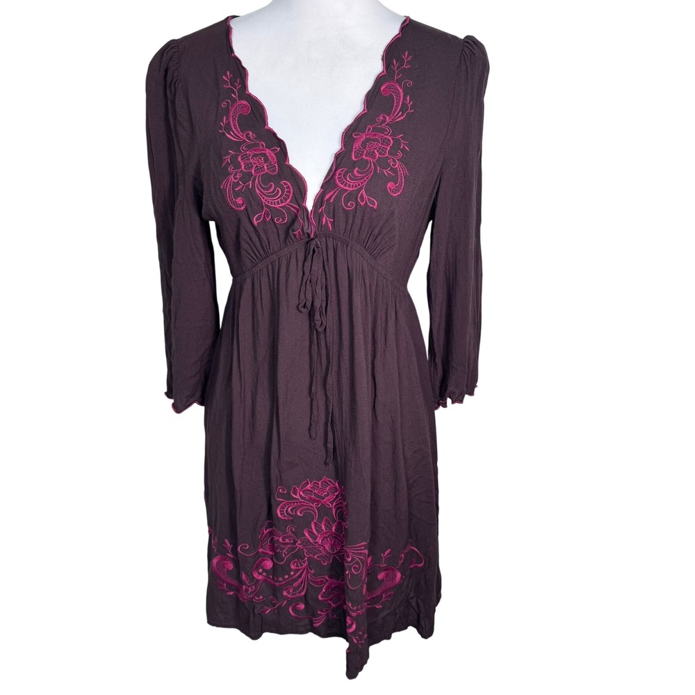 FLYING TOMATO Women's Large Brown Pink Embroidered Babydoll‎ Dress Boho Floral